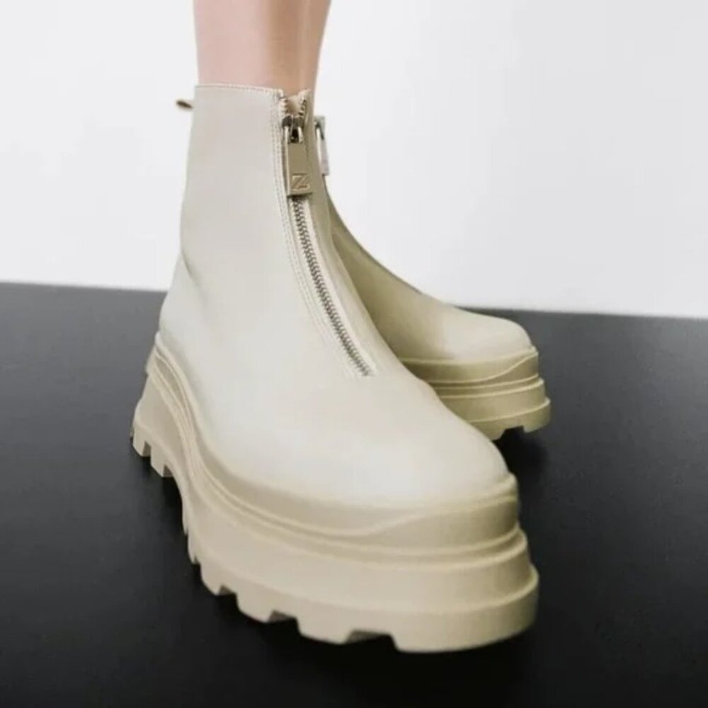 ZARA Ecru Chunky Lug Sole Front Zip Ankle Boots
